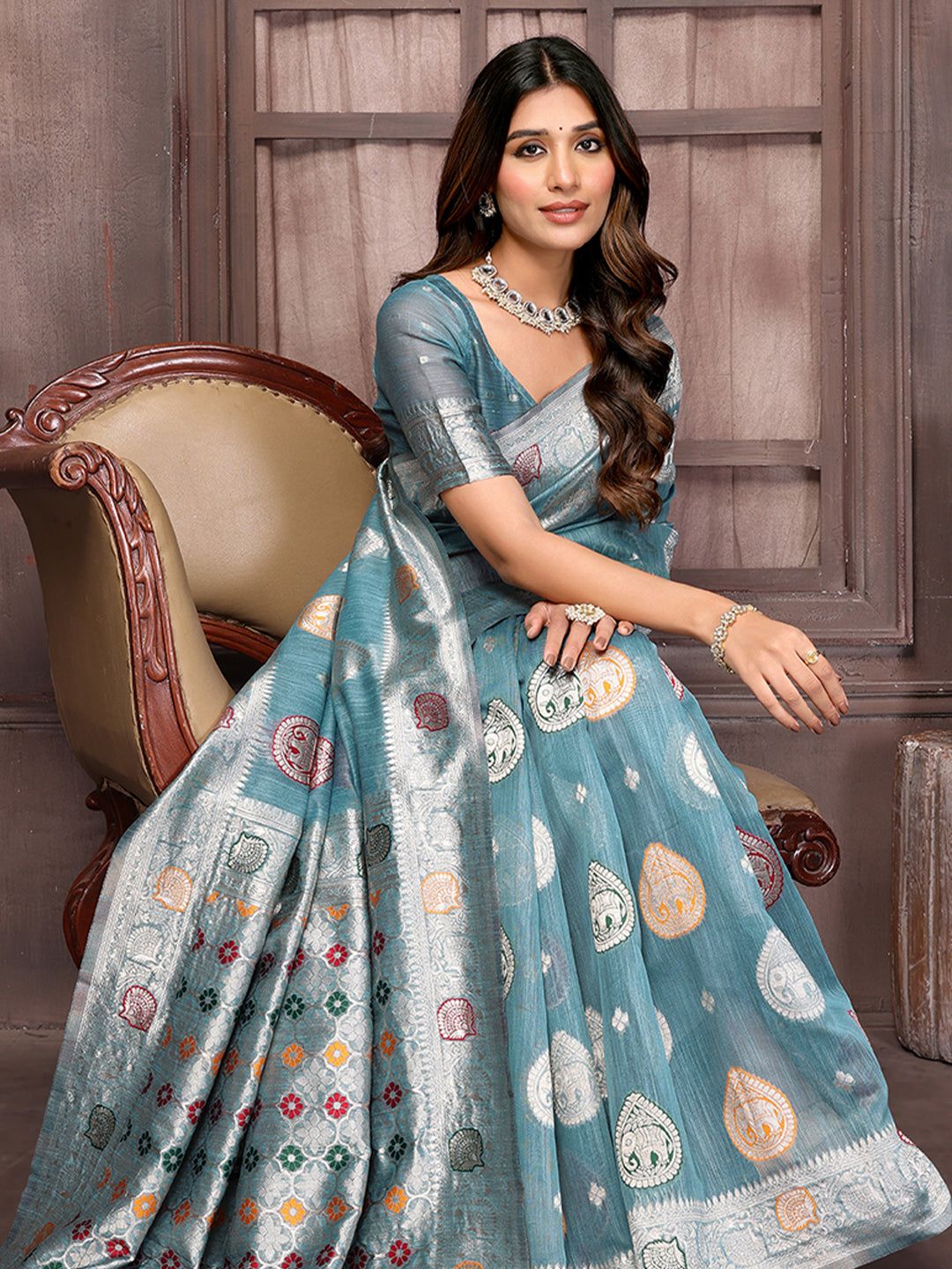 Blue Linen Blend Ethnic Motifs Woven Design Kanjivaram Saree with Blouse Piece
