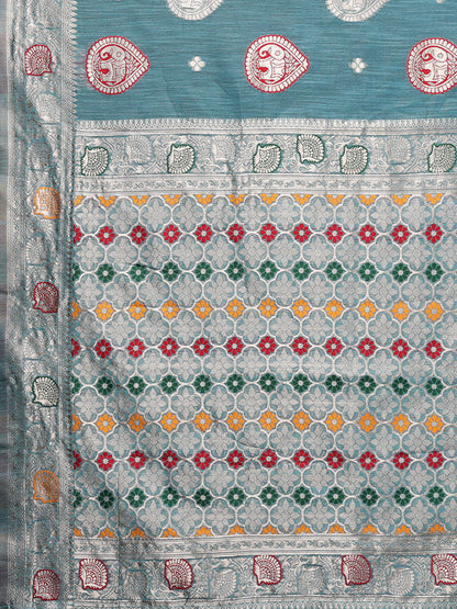 Blue Linen Blend Ethnic Motifs Woven Design Kanjivaram Saree with Blouse Piece