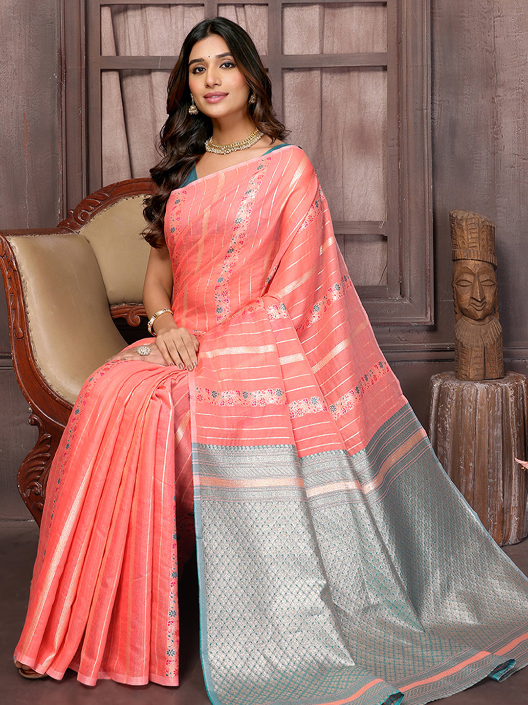 Peach Cotton Ethnic Print Woven Design Jacquard Saree with Blouse Piece