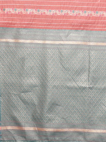 Peach Cotton Ethnic Print Woven Design Jacquard Saree with Blouse Piece