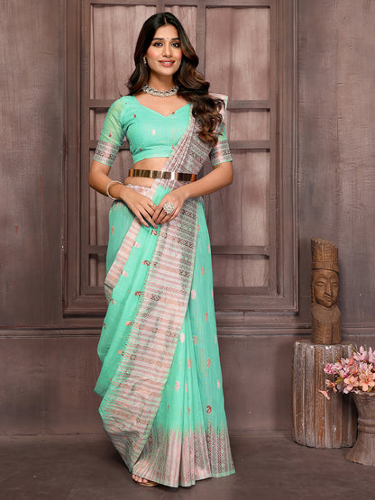 Light Blue Linen Blend Paisley Woven Design Woven Saree with Blouse Piece