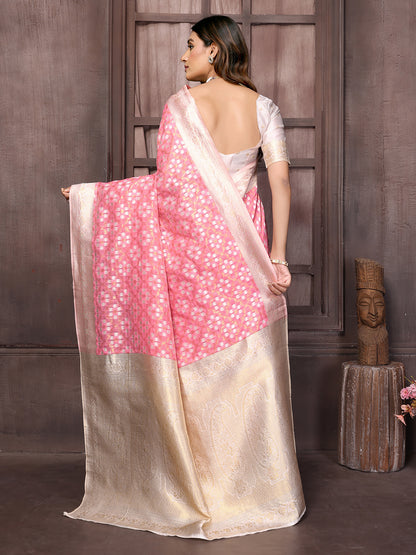 Pink Cotton Ethnic Motifs Woven Design Woven Saree with Blouse Piece