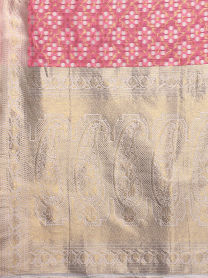 Pink Cotton Ethnic Motifs Woven Design Woven Saree with Blouse Piece