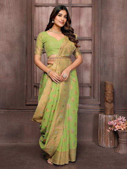 Green Linen Blend Ethnic Print Woven Design Kanjivaram Saree with Blouse Piece