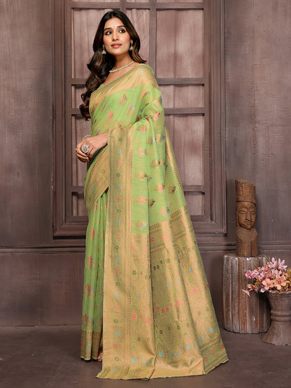 Green Linen Blend Ethnic Print Woven Design Kanjivaram Saree with Blouse Piece