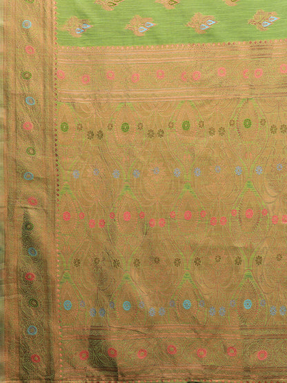 Green Linen Blend Ethnic Print Woven Design Kanjivaram Saree with Blouse Piece