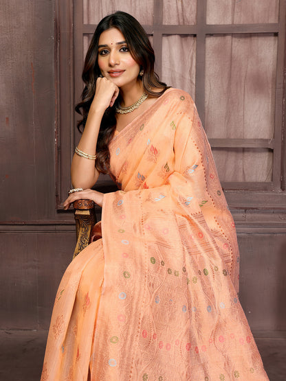 Peach Linen Blend Ethnic Print Woven Design Kanjivaram Saree with Blouse Piece