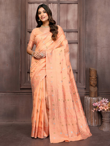 Peach Linen Blend Ethnic Print Woven Design Kanjivaram Saree with Blouse Piece