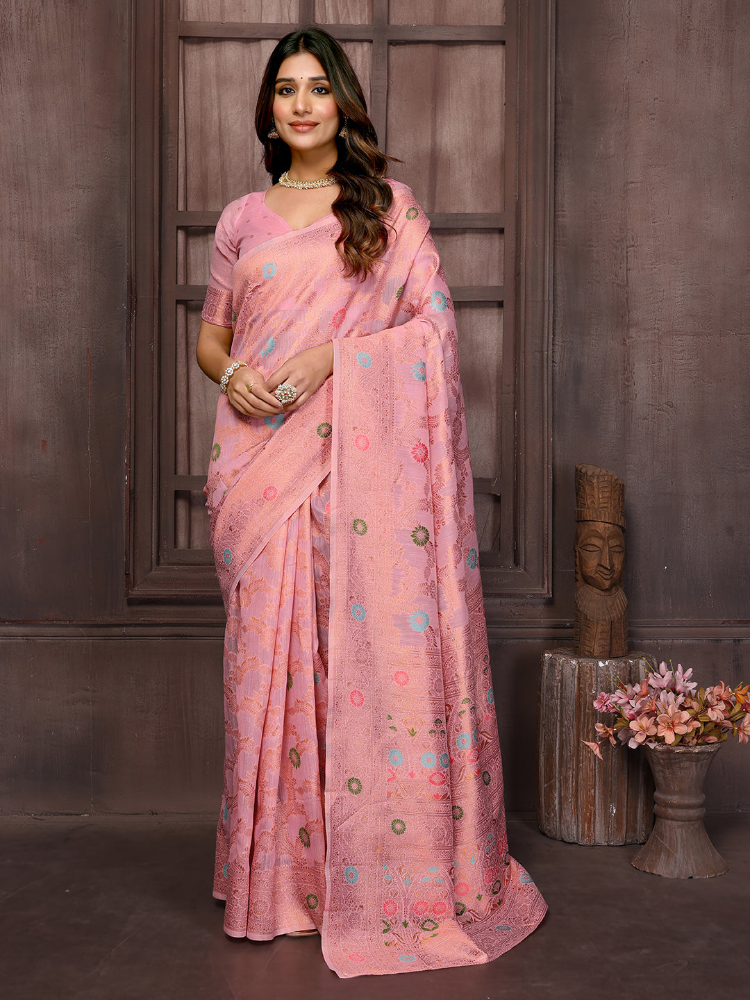 Pink Linen Blend Floral Woven Design Woven Saree with Blouse Piece