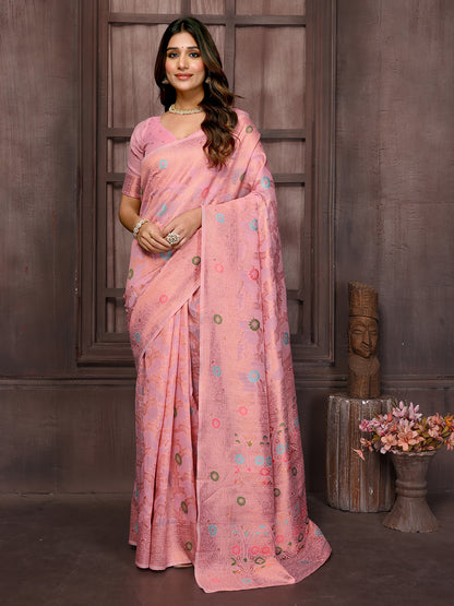 Pink Linen Blend Floral Woven Design Woven Saree with Blouse Piece