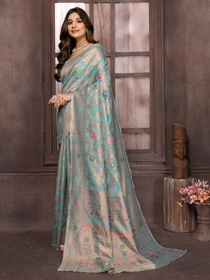 Light Blue Linen Blend Floral Woven Design Woven Saree with Blouse Piece