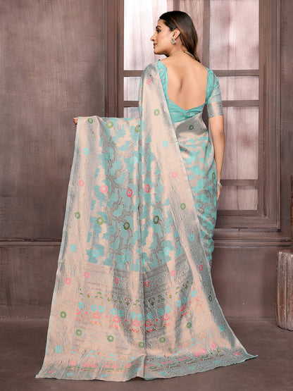 Light Blue Linen Blend Floral Woven Design Woven Saree with Blouse Piece