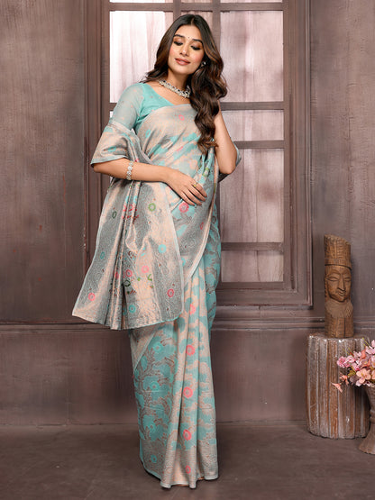 Light Blue Linen Blend Floral Woven Design Woven Saree with Blouse Piece