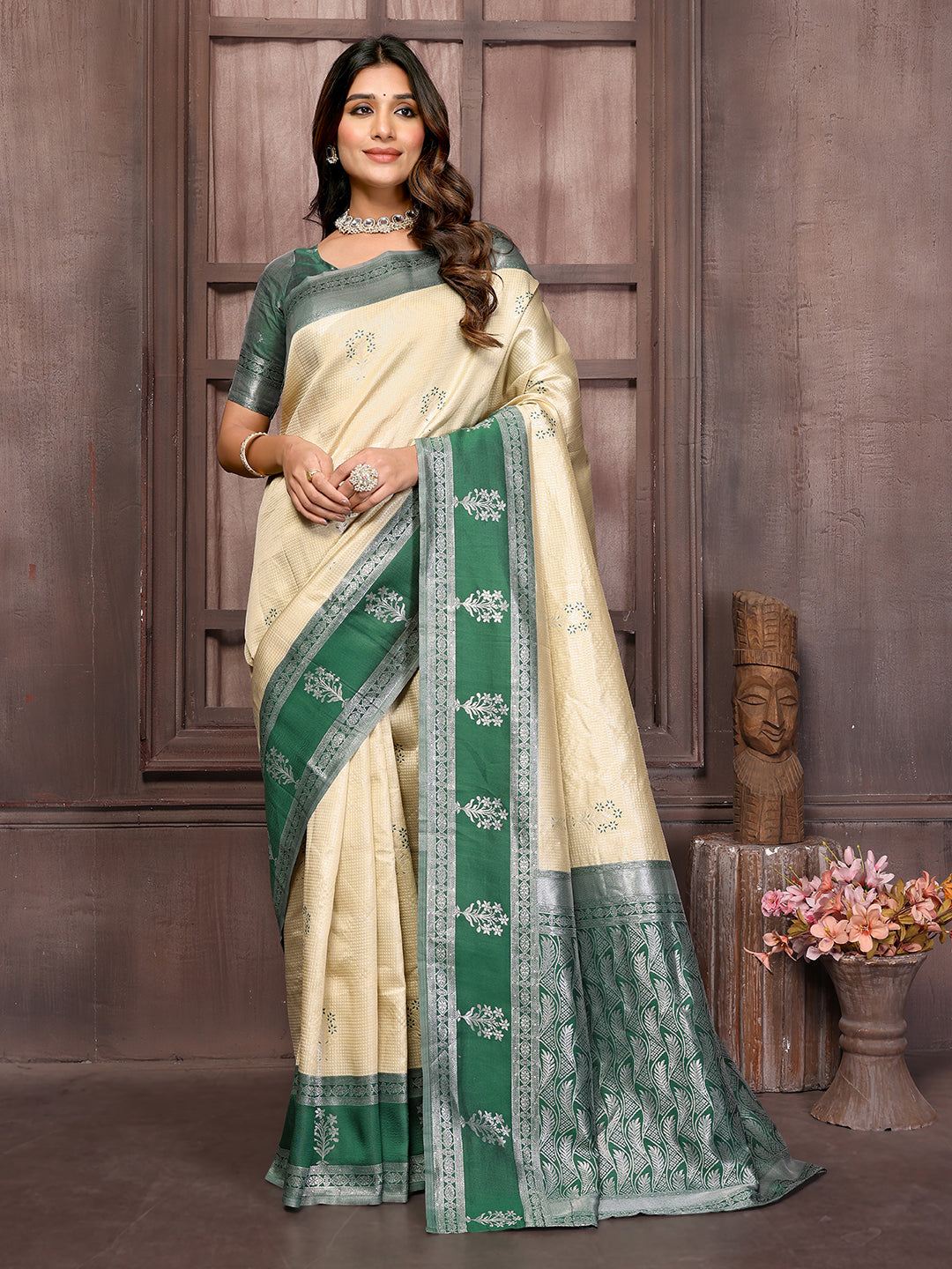 Beige Silk Blend Checked Woven Design Jacquard Border Saree with Blouse Piece