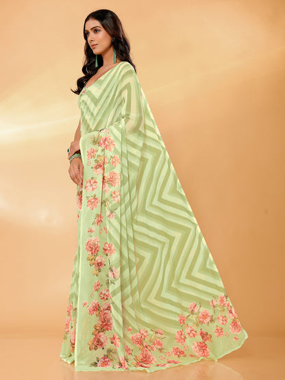 Light Green Georgette Floral Printed Daily Wear Saree with Blouse Piece