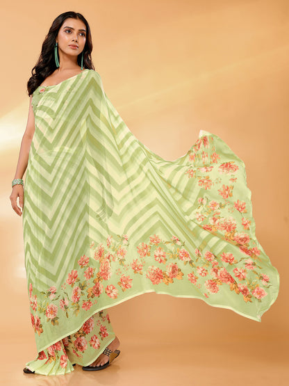 Light Green Georgette Floral Printed Daily Wear Saree with Blouse Piece