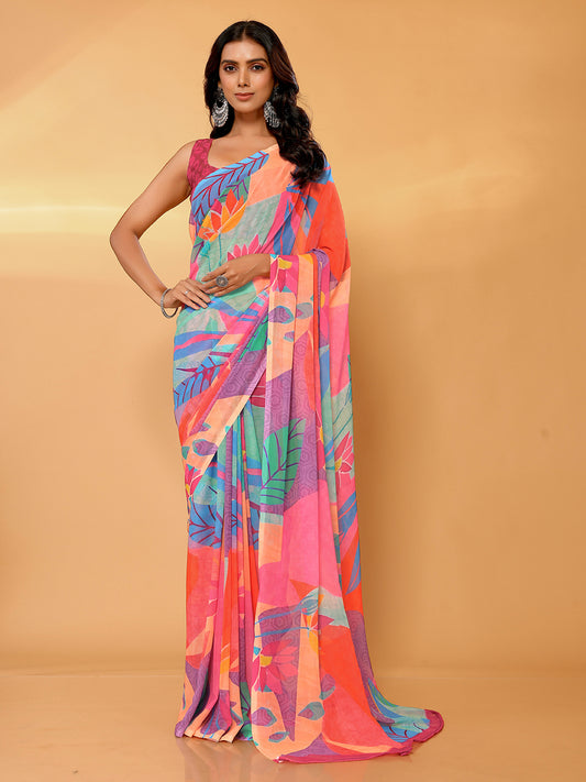 Multicolor Georgette Tropical  Printed Daily Wear Saree with Blouse Piece