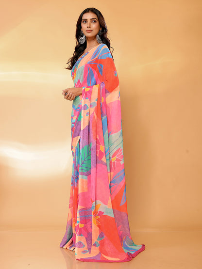 Multicolor Georgette Tropical  Printed Daily Wear Saree with Blouse Piece