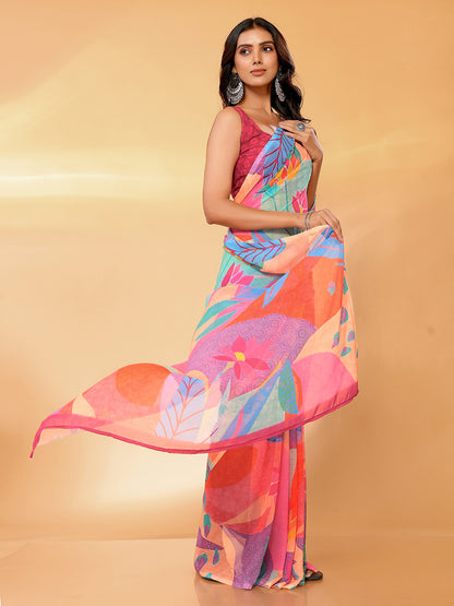 Multicolor Georgette Tropical  Printed Daily Wear Saree with Blouse Piece