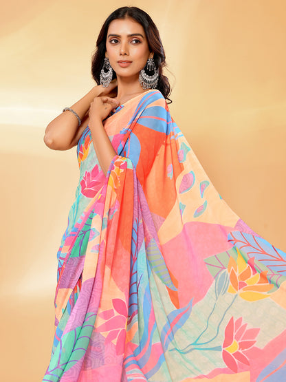 Multicolor Georgette Tropical  Printed Daily Wear Saree with Blouse Piece
