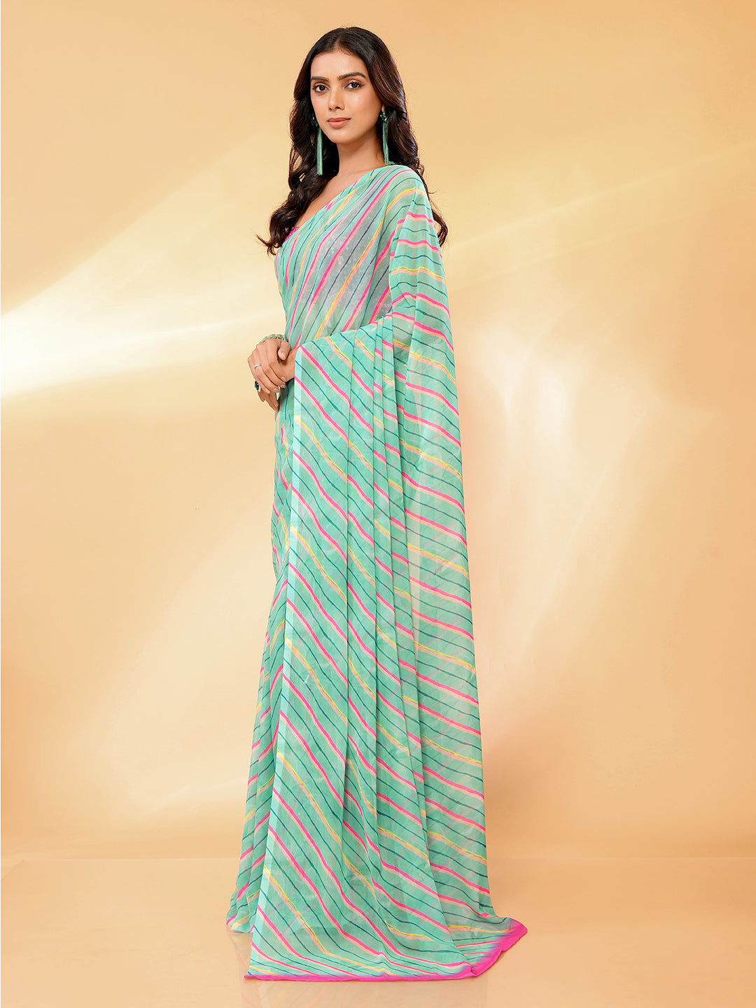 Sage Green Georgette Leheriya Printed Leheria Saree with Blouse Piece