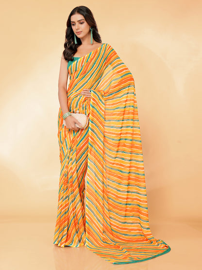 Orange Georgette Leheriya Printed Leheria Saree with Blouse Piece