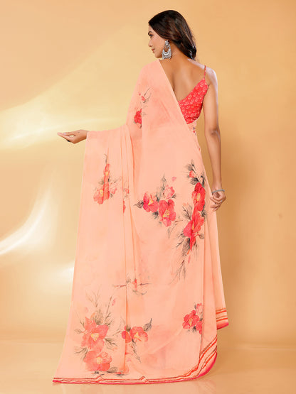 Peach Georgette Floral Printed Daily Wear Saree with Blouse Piece