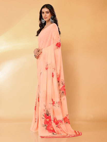 Peach Georgette Floral Printed Daily Wear Saree with Blouse Piece