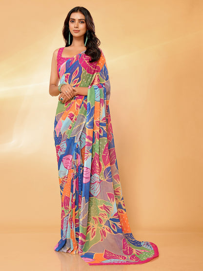 Multicolor Georgette Tropical  Printed Daily Wear Saree with Blouse Piece