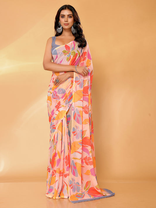 Peach Georgette Tropical  Printed Daily Wear Saree with Blouse Piece
