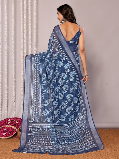 Navy Blue Linen Blend Floral Printed Daily Wear Saree with Blouse Piece