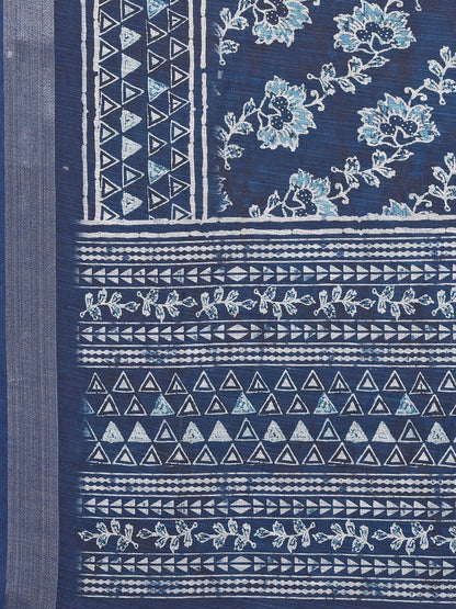Navy Blue Linen Blend Floral Printed Daily Wear Saree with Blouse Piece