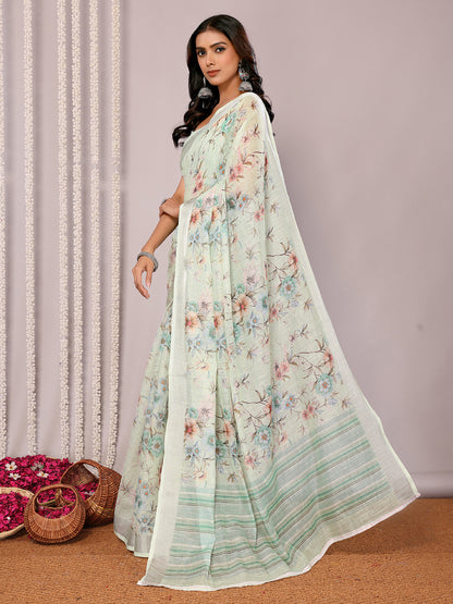 Light Green Linen Blend Floral Printed Daily Wear Saree with Blouse Piece