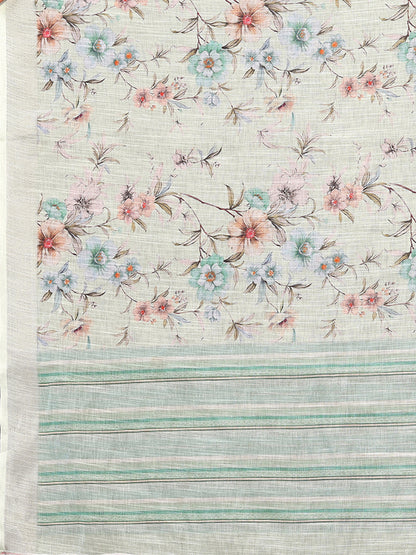 Light Green Linen Blend Floral Printed Daily Wear Saree with Blouse Piece