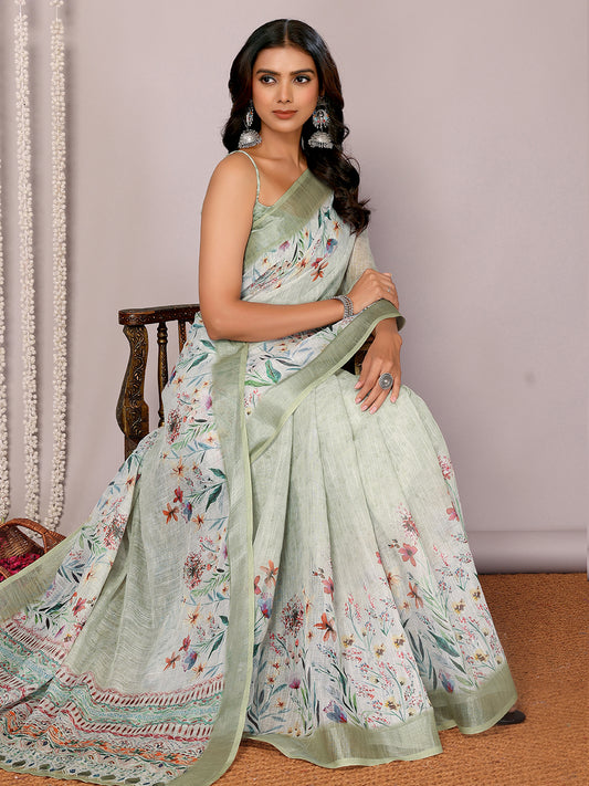 Light Green Linen Blend Floral Printed Daily Wear Saree with Blouse Piece