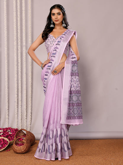 Lavender Linen Blend Geometric Printed Daily Wear Saree with Blouse Piece