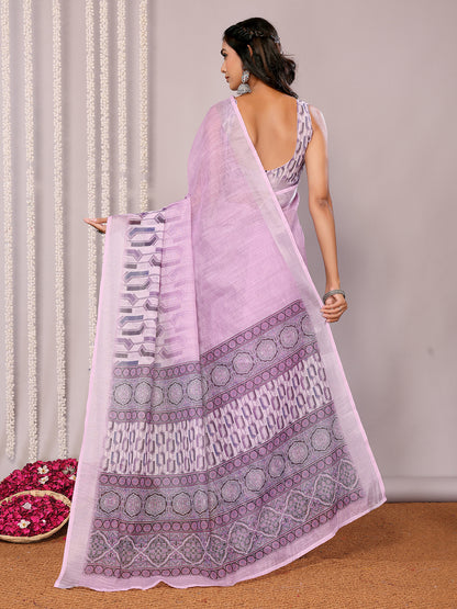 Lavender Linen Blend Geometric Printed Daily Wear Saree with Blouse Piece