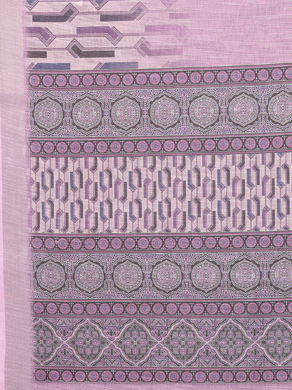 Lavender Linen Blend Geometric Printed Daily Wear Saree with Blouse Piece