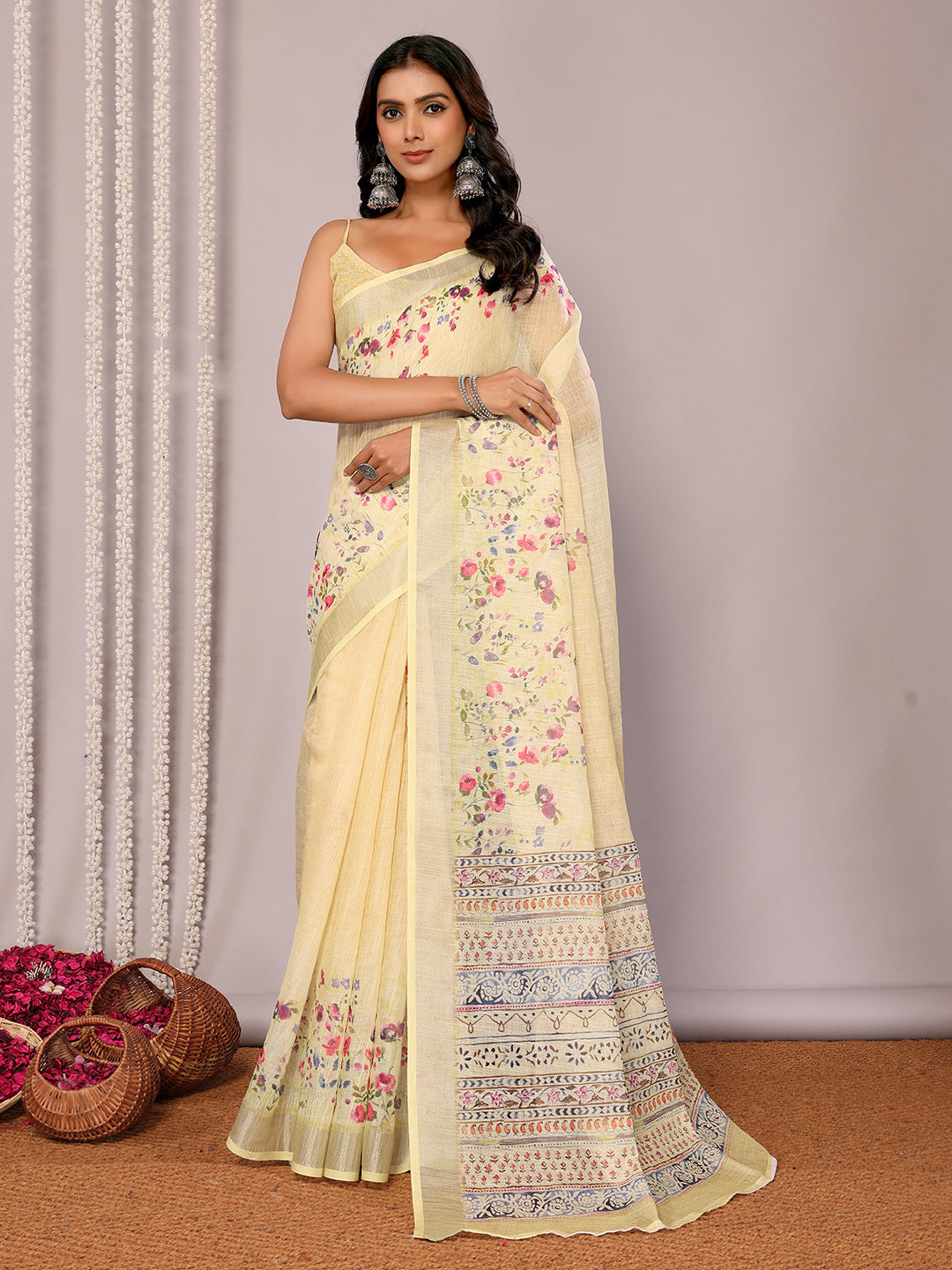 Light Yellow Linen Blend Floral Printed Daily Wear Saree with Blouse Piece