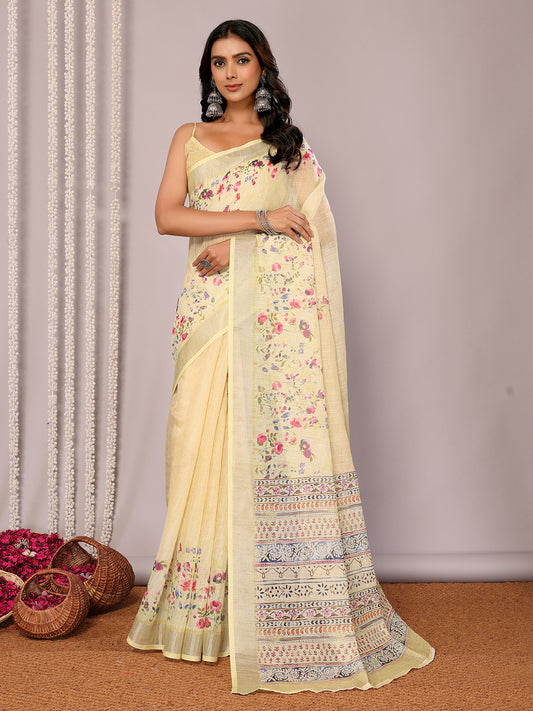 Light Yellow Linen Blend Floral Printed Daily Wear Saree with Blouse Piece