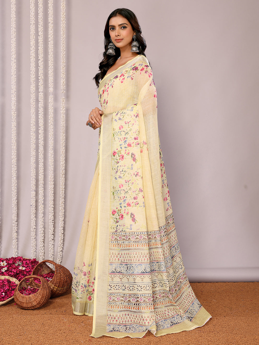 Light Yellow Linen Blend Floral Printed Daily Wear Saree with Blouse Piece