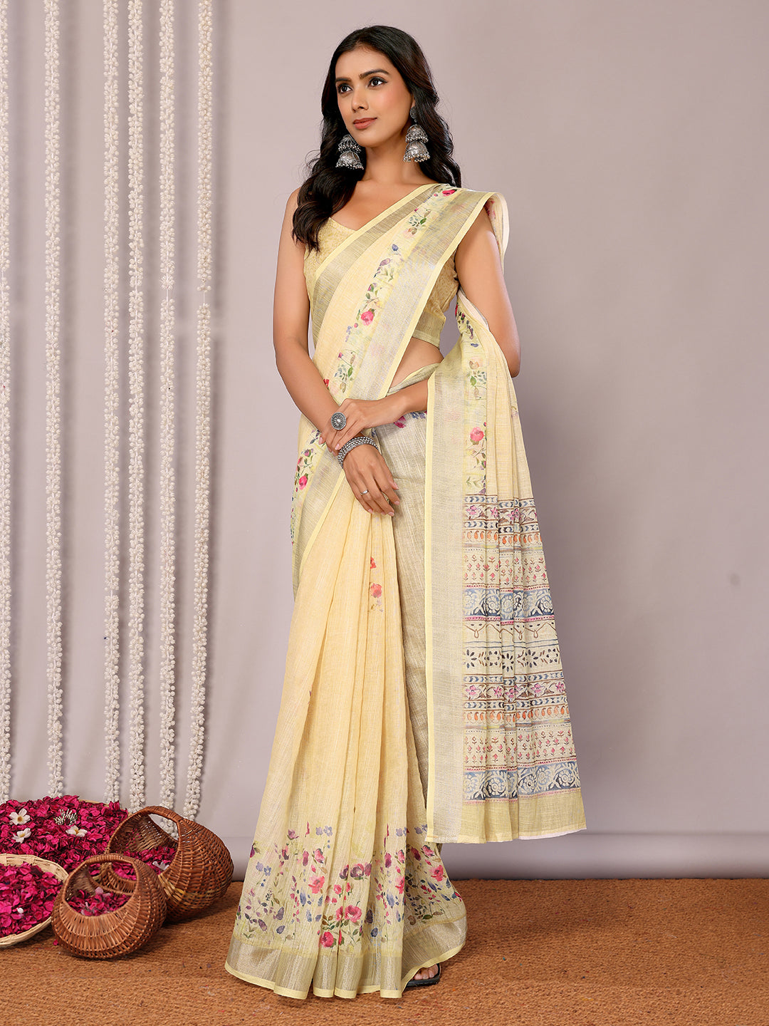 Light Yellow Linen Blend Floral Printed Daily Wear Saree with Blouse Piece
