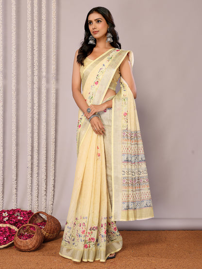 Light Yellow Linen Blend Floral Printed Daily Wear Saree with Blouse Piece