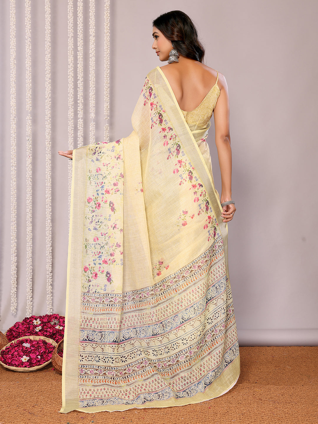 Light Yellow Linen Blend Floral Printed Daily Wear Saree with Blouse Piece