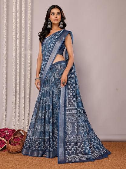 Navy Blue Linen Blend Block Print Printed Daily Wear Saree with Blouse Piece