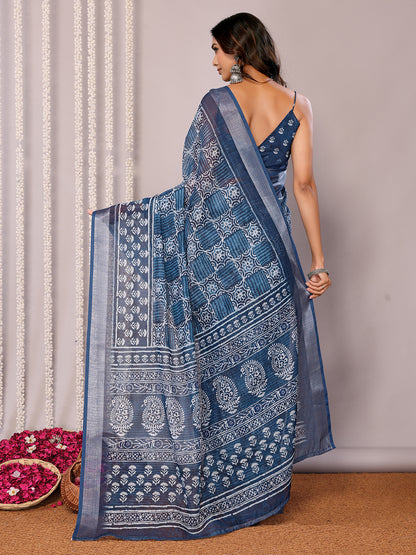 Navy Blue Linen Blend Block Print Printed Daily Wear Saree with Blouse Piece