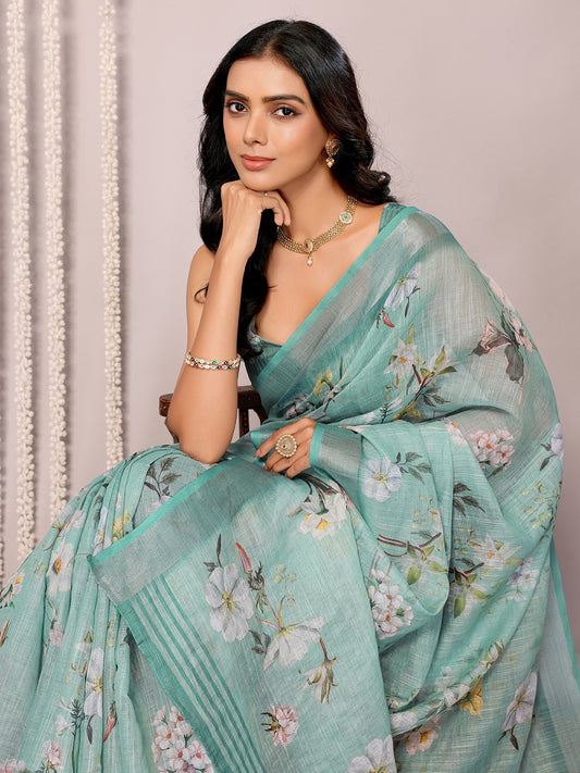 Sage Green Linen Blend Floral Printed Daily Wear Saree with Blouse Piece