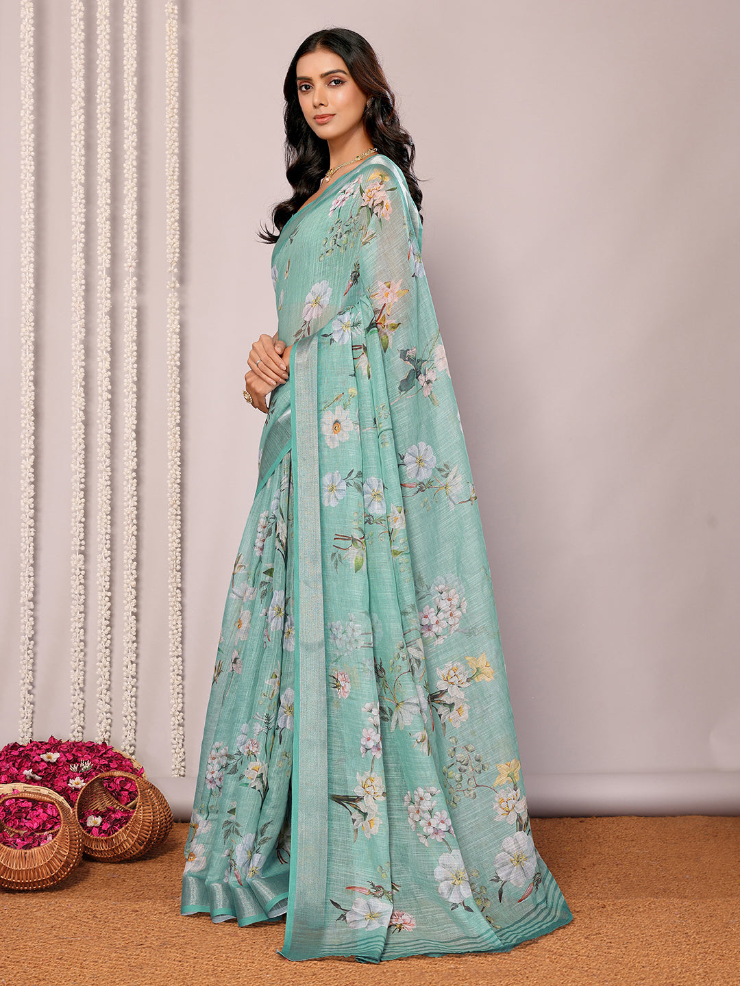 Sage Green Linen Blend Floral Printed Daily Wear Saree with Blouse Piece
