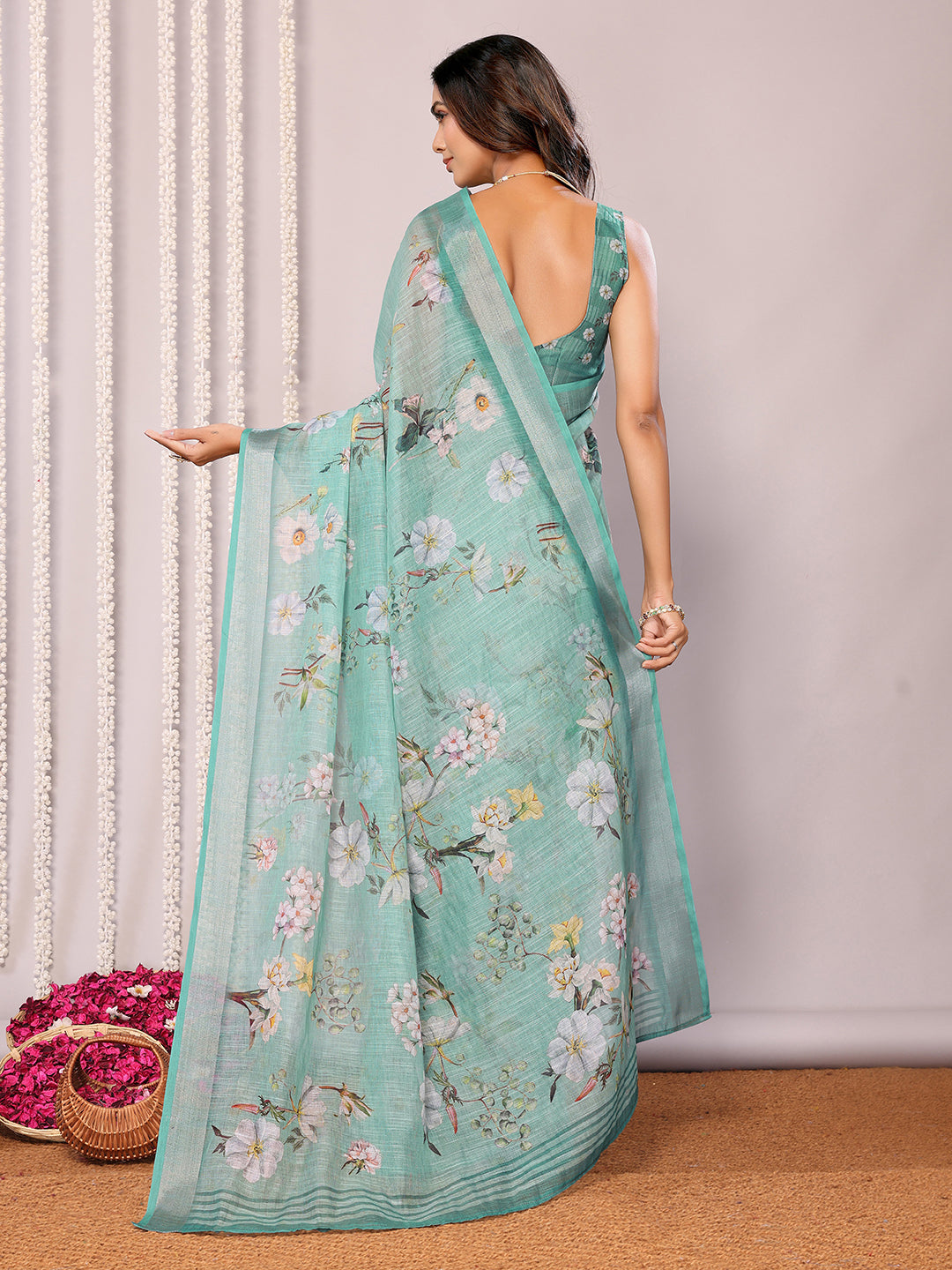 Sage Green Linen Blend Floral Printed Daily Wear Saree with Blouse Piece