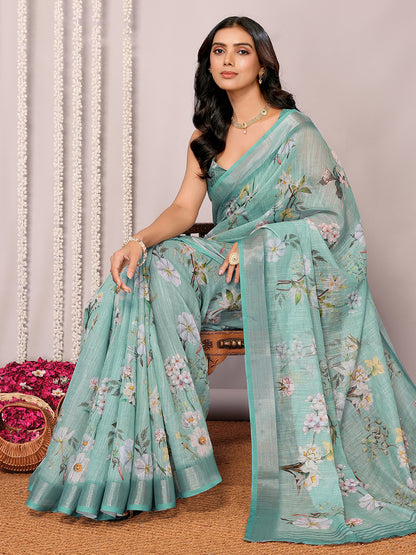 Sage Green Linen Blend Floral Printed Daily Wear Saree with Blouse Piece